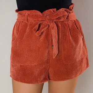 🟢3 for $30🟢Rust Corduroy Paper-bag Waist Shorts w/ Belt